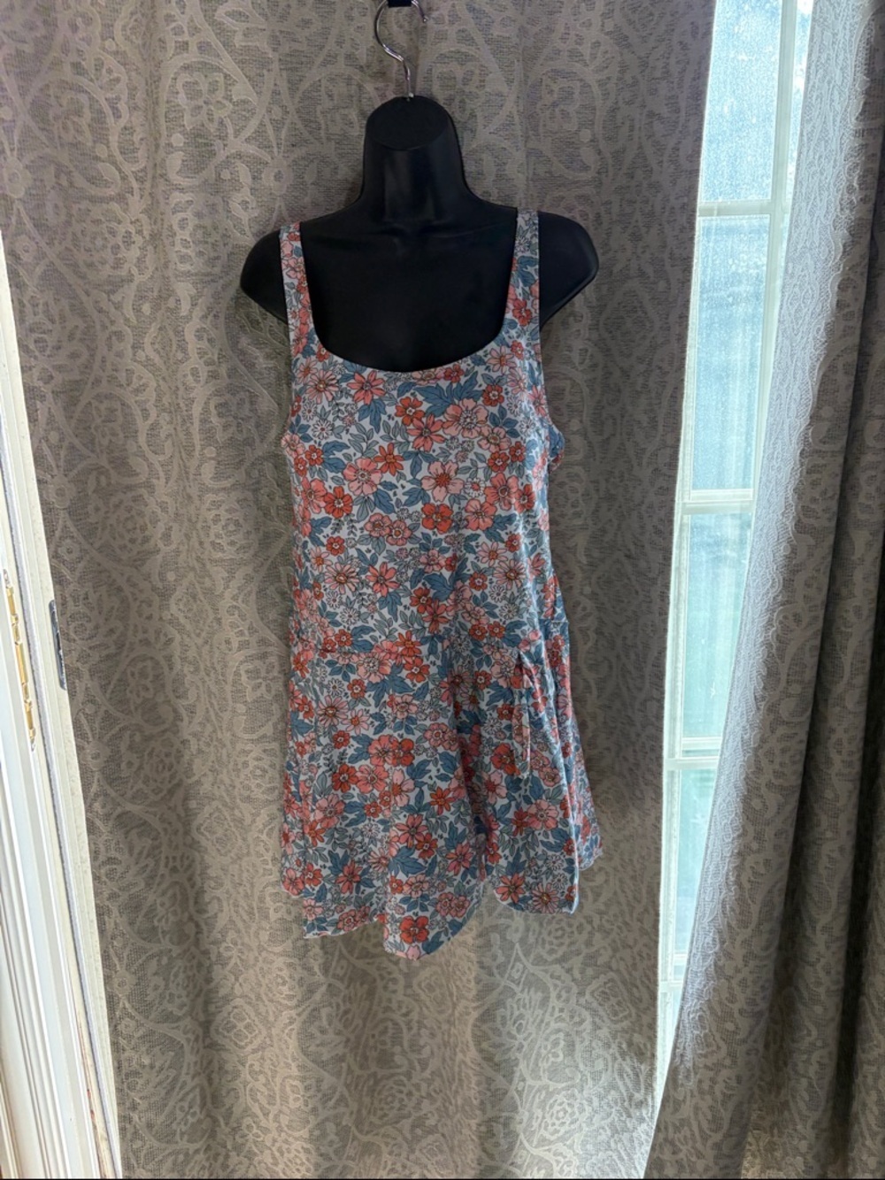 Eomenie Floral 1 piece bathing suit with side tie skirt  in Blue & Coral
